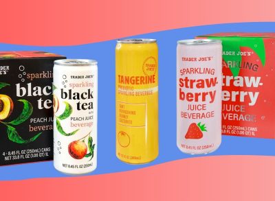 trader joe's sparkling beverages on a blue and red designed background