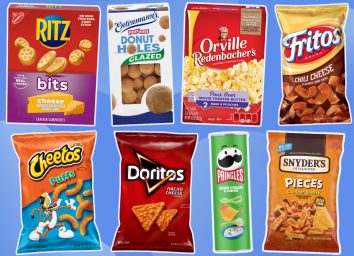 unhealthiest snacks on the planet collage on a blue background