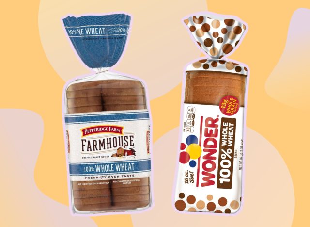 unhealthiest whole wheat breads collage of two brands on a designed orange background