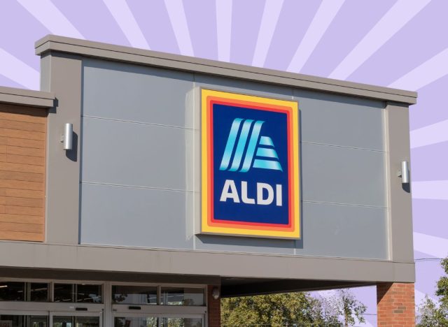 Aldi storefront on striped purple background
