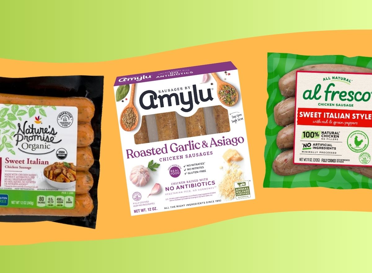 A trio of packaged chicken sausage brands set against a colorful background
