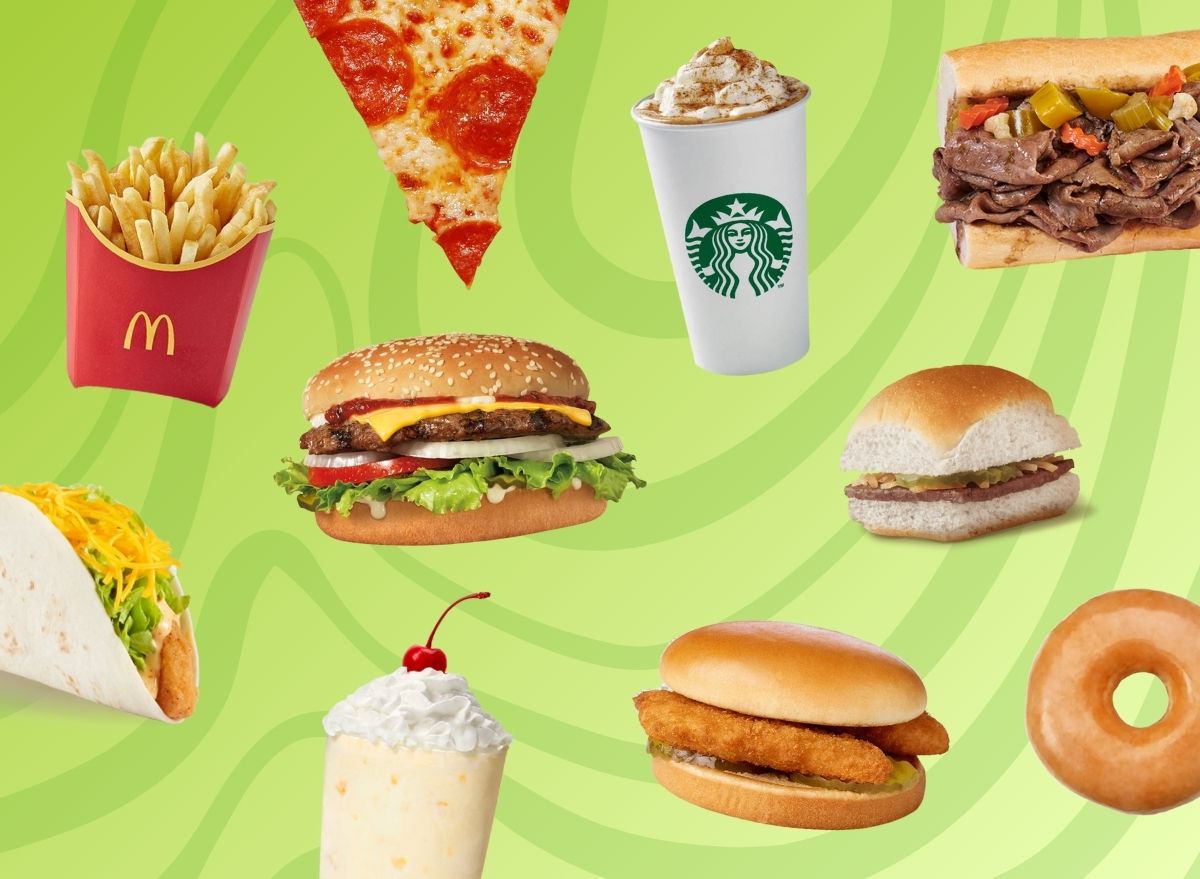 An assortment of popular menu items from fast-food chains, set against a vibrant green background