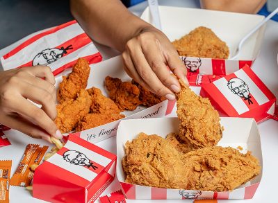 An assortment of fried chicken pieces from KFC, aka Kentucky Fried Chicken