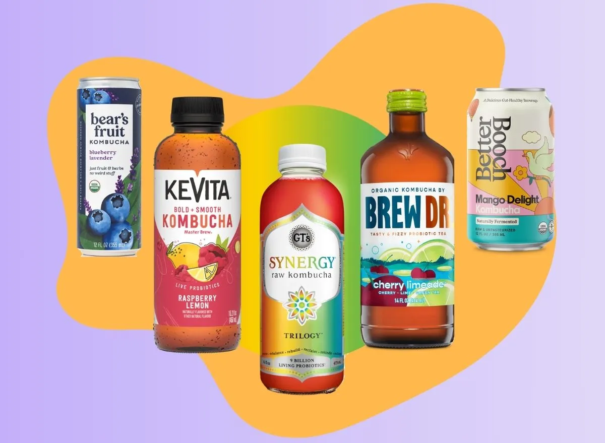 An array of bottled and canned kombucha beverages set against a colorful background