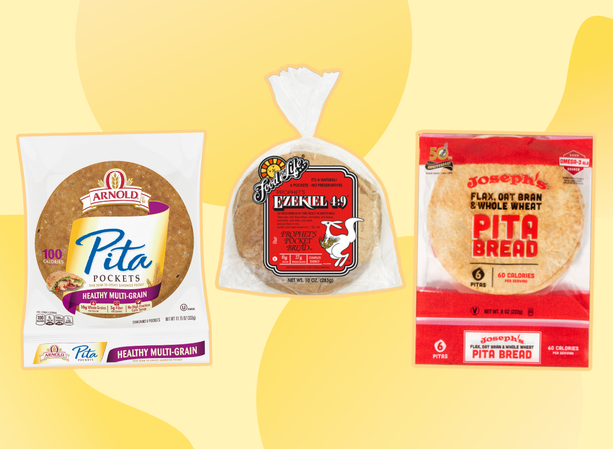 collage of healthy pita breads on a yellow background