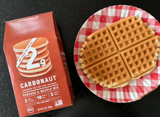 carbonaut waffle mix next to a waffle on a plate 