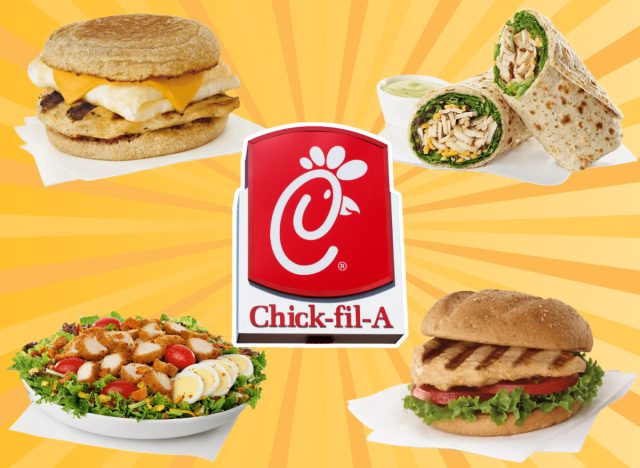 healthy chick-fil-a menu options surrounding a chick-fil-a restaurant sign on a designed yellow background