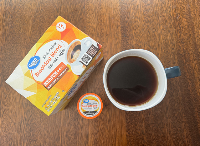 great value k cup box next to a mug of coffee 