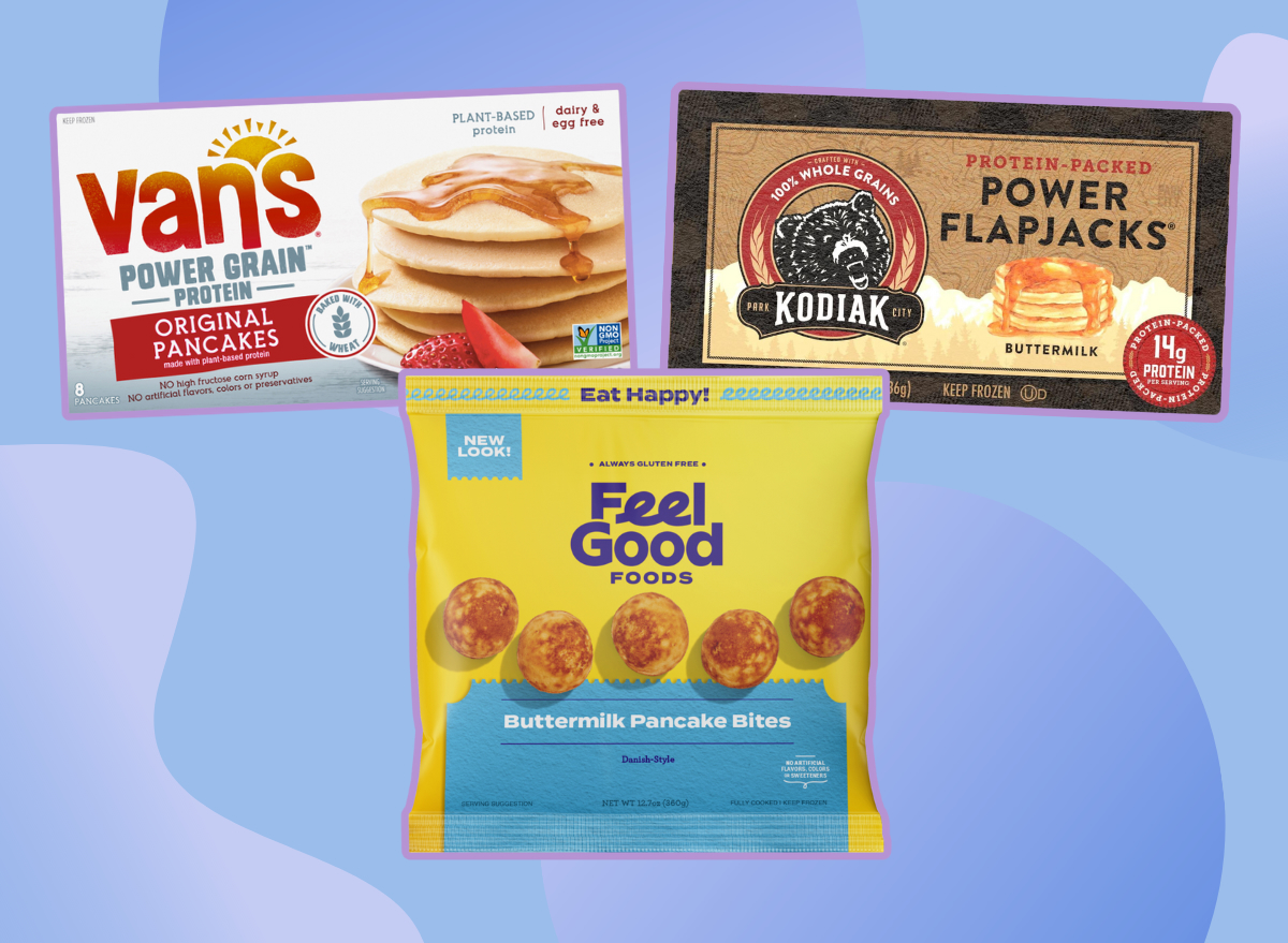 collage of three healthy frozen pancakes brands on a blue background