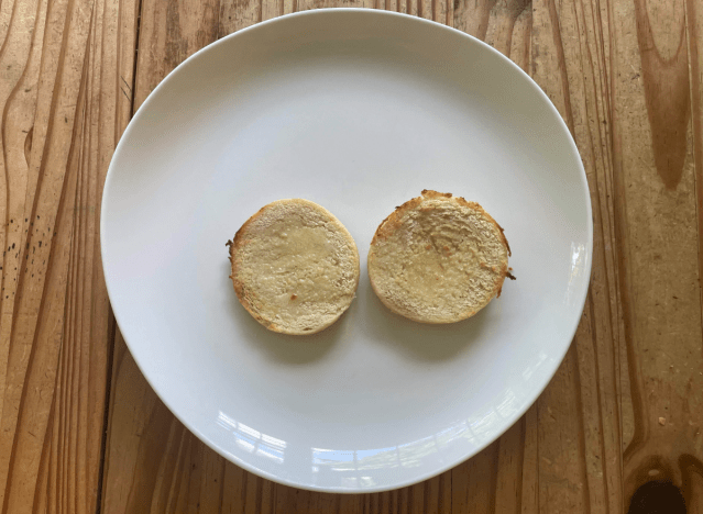 stone and skillet english muffin on a white plate