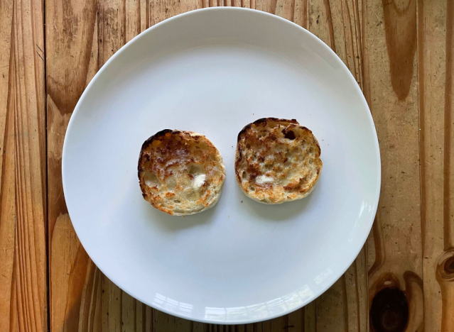 trader joes english muffin on white plate