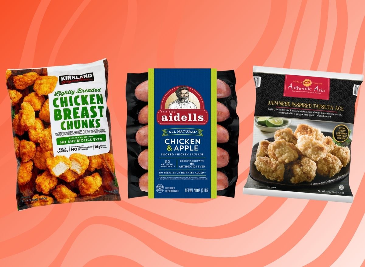 trio of costco chicken products on a red background