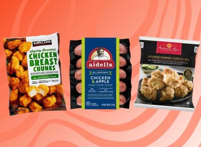 trio of costco chicken products on a red background