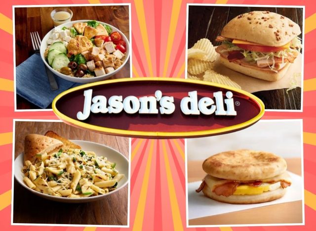 Jason's Deli sign and menu items on a red and yellow striped background