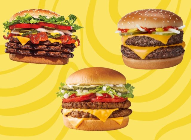 three burgers on a yellow background