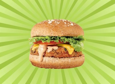 BurgerFi's VegeFi burger on a green graphic background