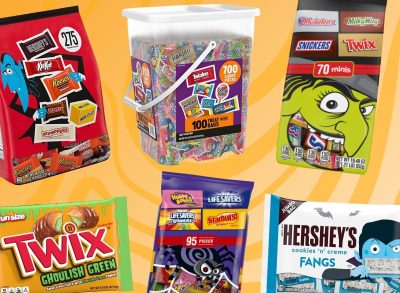 Various packages of popular Halloween candies set against a vibrant orange background