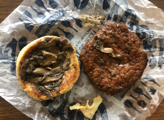 an open faced culver's mushroom and swiss burger 