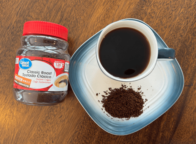 great value coffee can next to a mug of black coffee