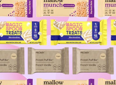 multiple brands of rice crispy treats on a pink background