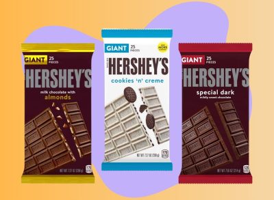 trio of hershey's bars set against a colorful background