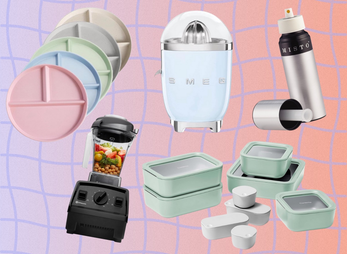 design of various kitchen tools for weight loss on purple and pink background design