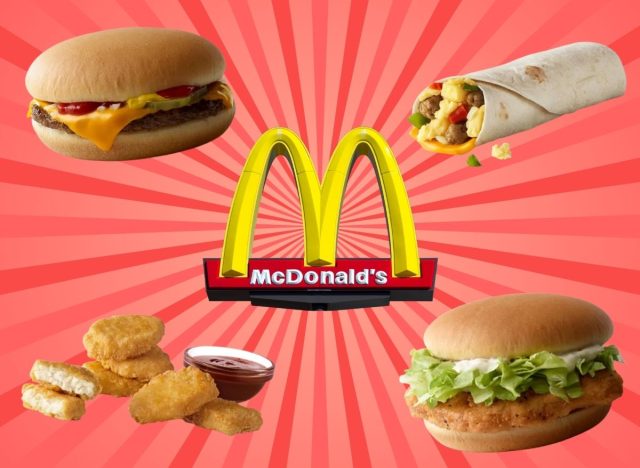 McDonald's logo and four menu items on a red striped background
