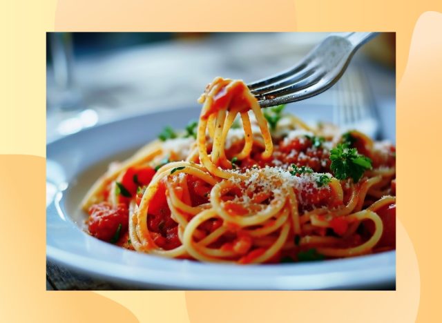 close-up bowl of spaghetti with fork