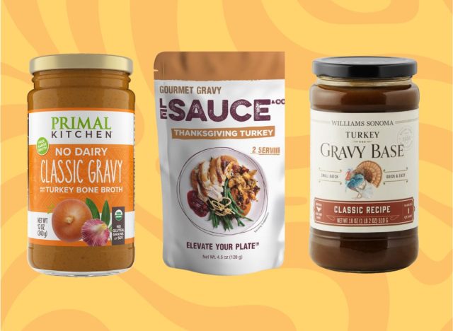 A trio of store-bought gravy products set against a vibrant orange and yellow background.