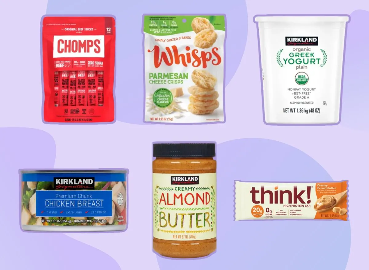 a collage of high-protein costco foods on a designed background
