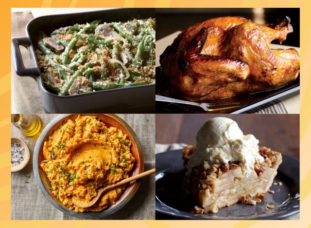 Thanksgiving recipes of green bean casserole turkey sweet potato mash and apple pie collage
