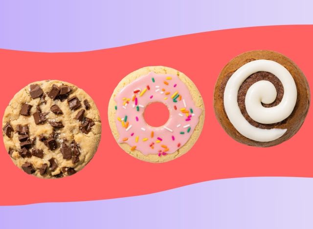 Three Crumbl cookies set against a colorful background