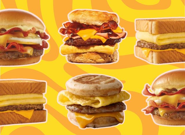 a collage of fast-food breakfast sandwiches on a designed background