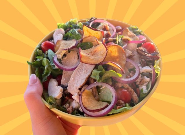 The Fuji Apple Salad with Chicken at Panera Bread set against a vibrant background.