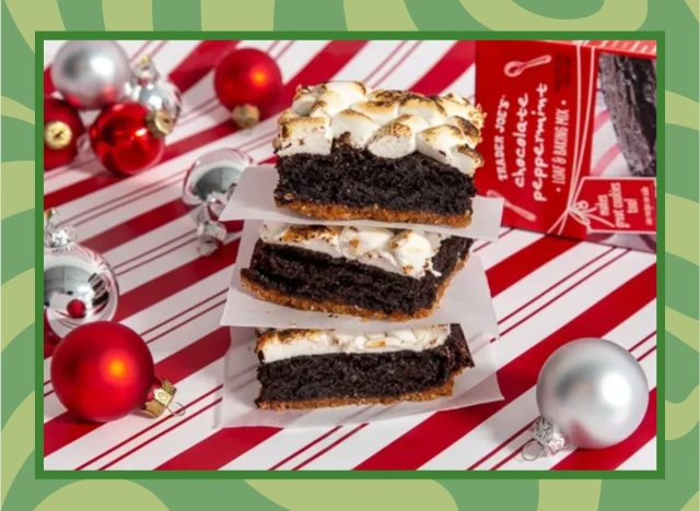 a festive photo of trader joe's chocolate peppermint bark on a designed background