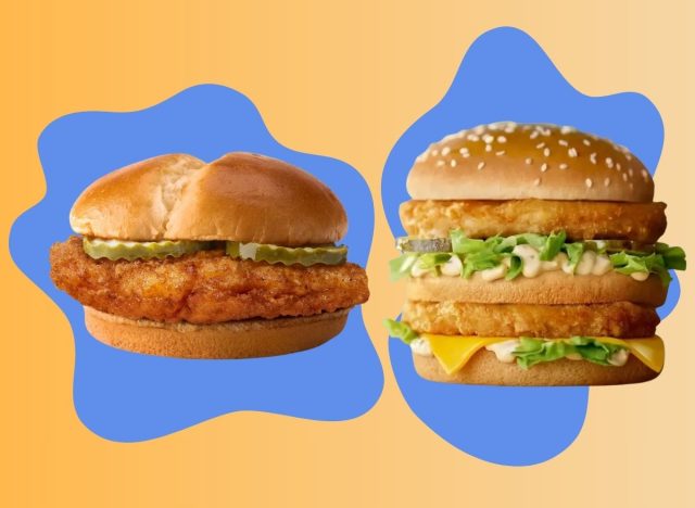 A pair of McDonald's chicken sandwiches set against a colorful background.
