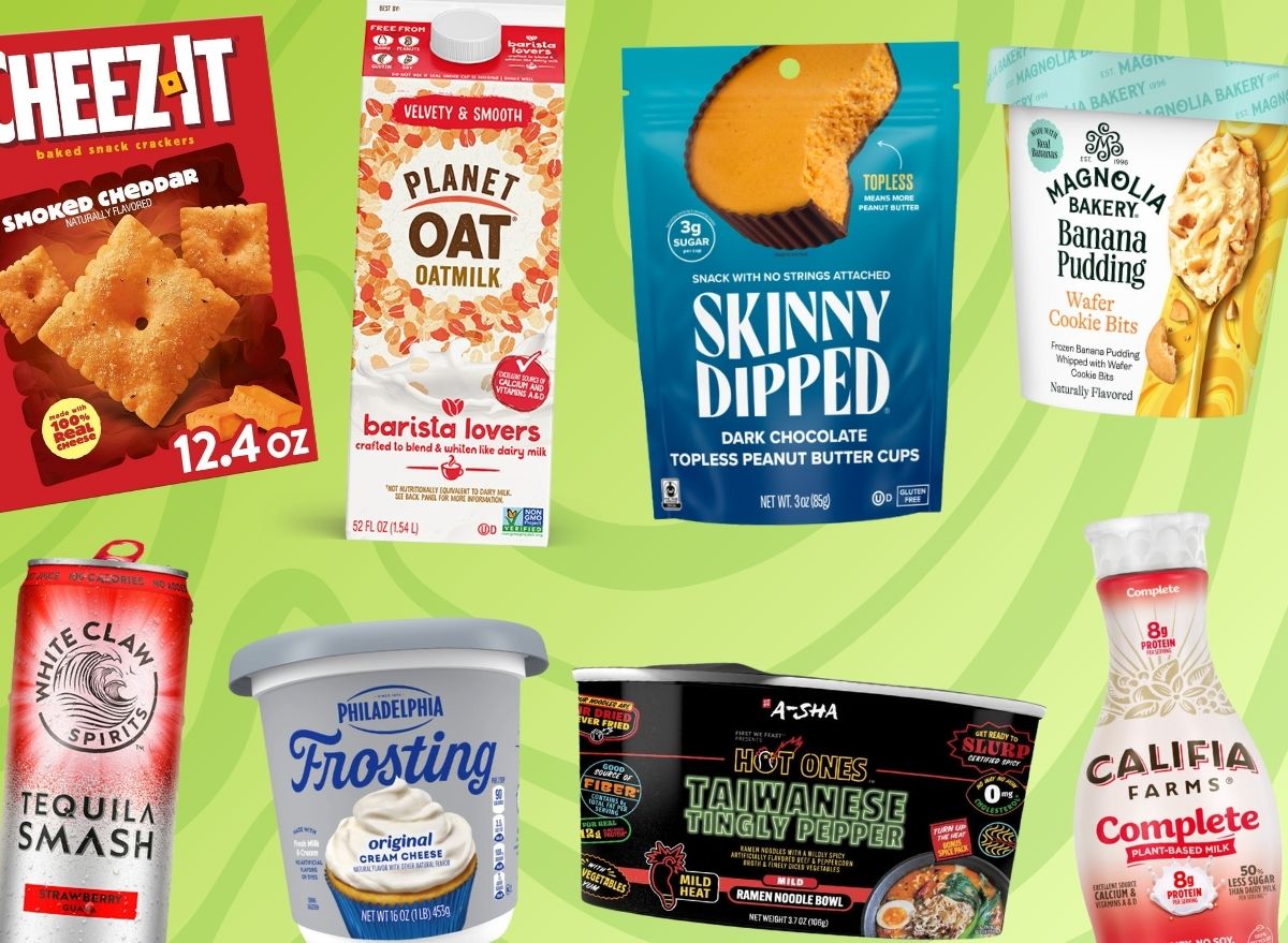 new grocery products set against a green background