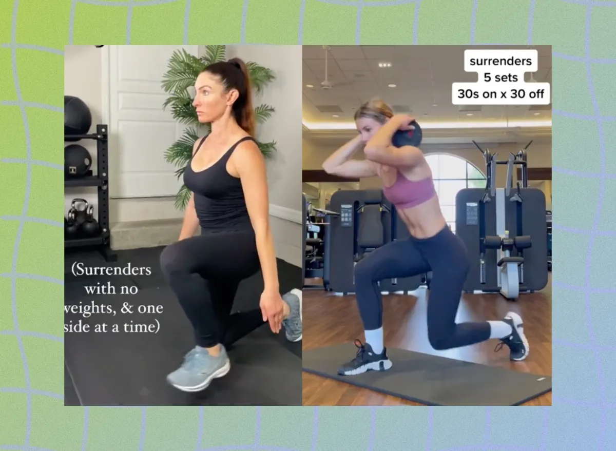 split image of women doing surrender squats