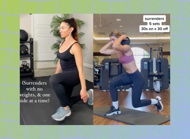 split image of women doing surrender squats