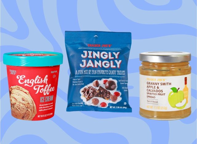 trader joe's english toffee ice cream, jingly jangly, and granny smith & calvados spirited fruit spread set against a blue background