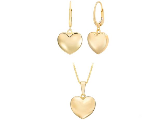14kt Yellow Gold Puff Heart Earrings and Necklace Set