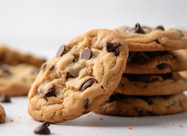 Close up shot of chocolate chip cookies stacked up on top of each other against a white background