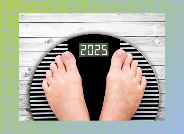 close-up of man's feet on scale that reads "2025"