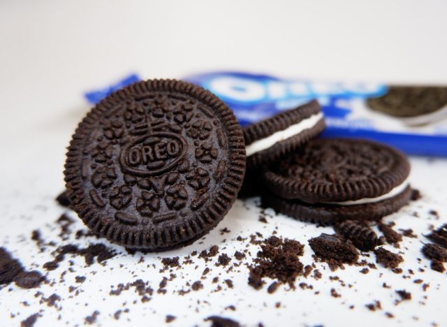 Jakarta, Indonesia, May 2023 : Pile of Oreo Cookies against a white background packaging