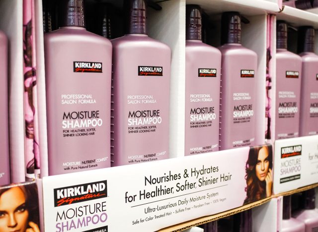 A view of several bottles of Kirkland Signature Moisture Shampoo on display at a local Costco.
