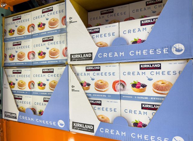 A view of several packages of Kirkland Signature cream cheese, on display at a local Costco.