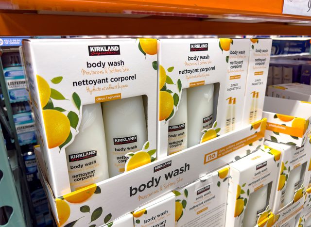 A view of several packages of Kirkland Signature body wash, on display at a local Costco.