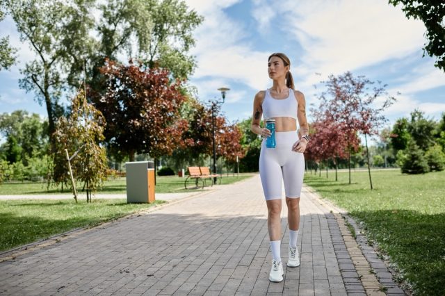 A young woman with vitiligo walks in a park, holding a water bottle in her hand.2487208755