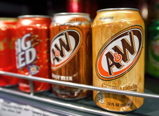 Minsk, Belarus. Jun 17, 2023. A and W Cream Soda soft drink in aluminium can, carbonated soft drink. Soda beverage standing on shelf for sale in supermarket