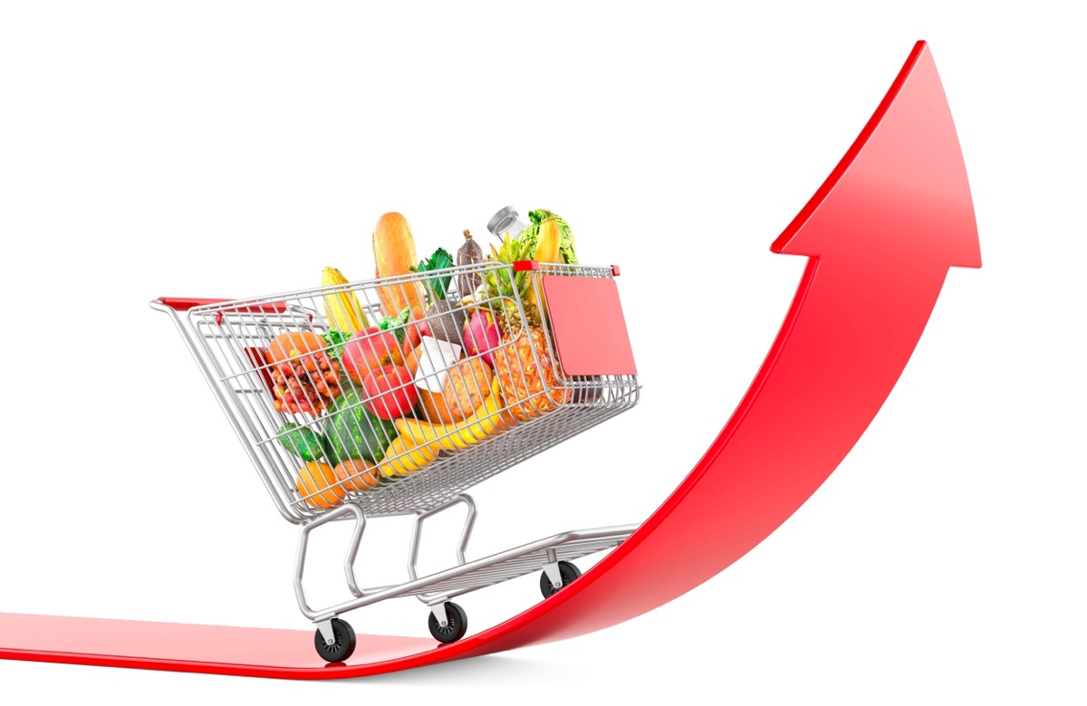 Rising Supermarket prices and food cost or grocery price surge as costs of super-market groceries as an inflation, 3D rendering isolated on white background